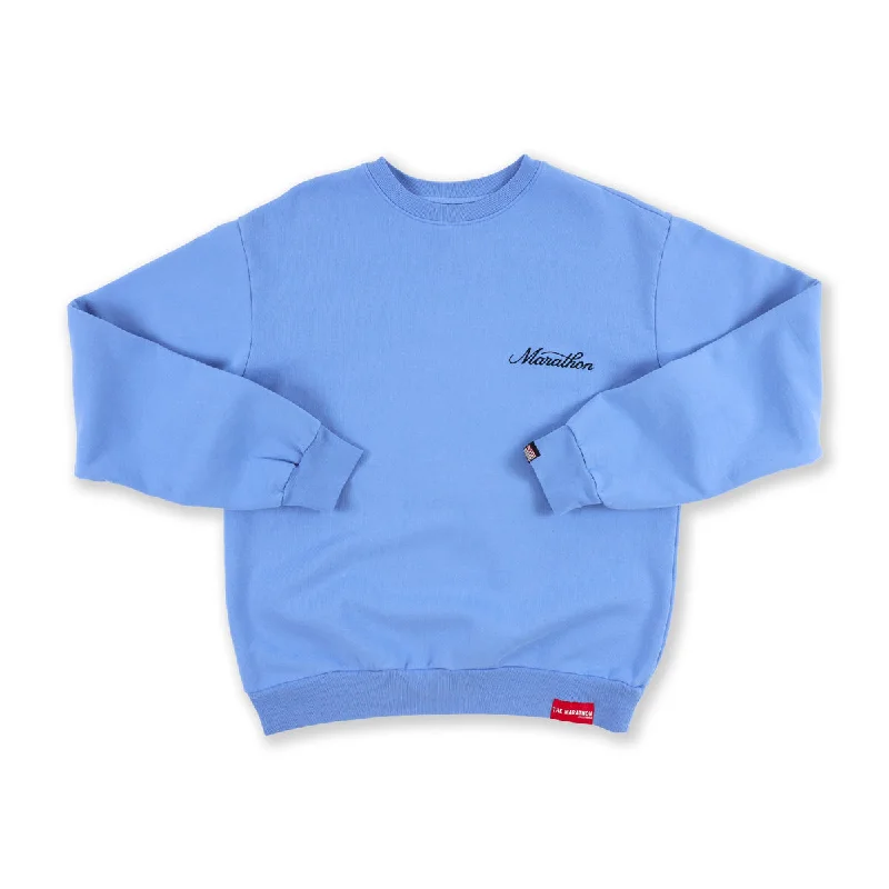 Marathon 3D Embroidered Stacked Script Crewneck - Powder Blue/Black Stylish Women's Tropical 