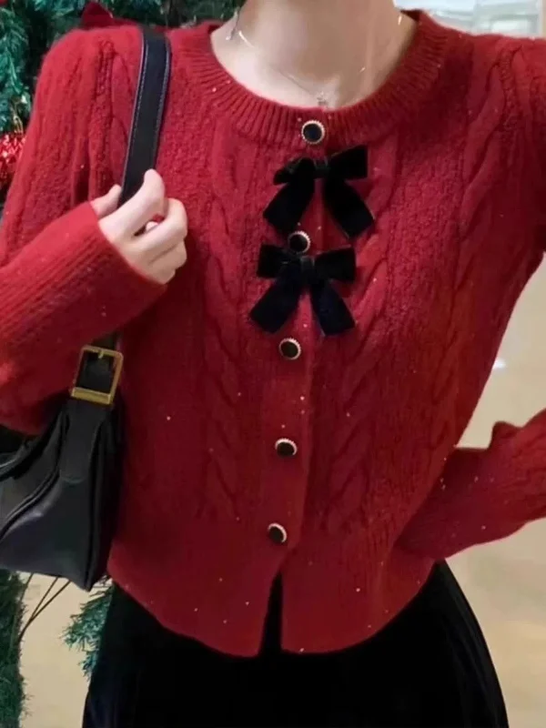 Maya Cute Woolen Sweater with Bow Detail Artistic Women's Hand - painted