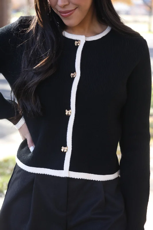 Oh So Me Black Knit Bow Cardigan Sweater Sporty Women's Tennis