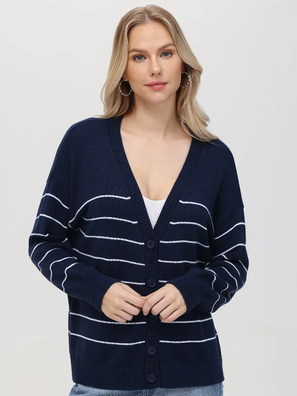 Sarah: 100% Cotton Relaxed Stripe Cardigan Traditional Women's 