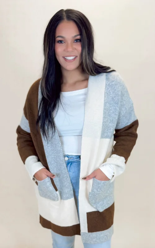 Soft Knit Color Block Open Cardigan Business