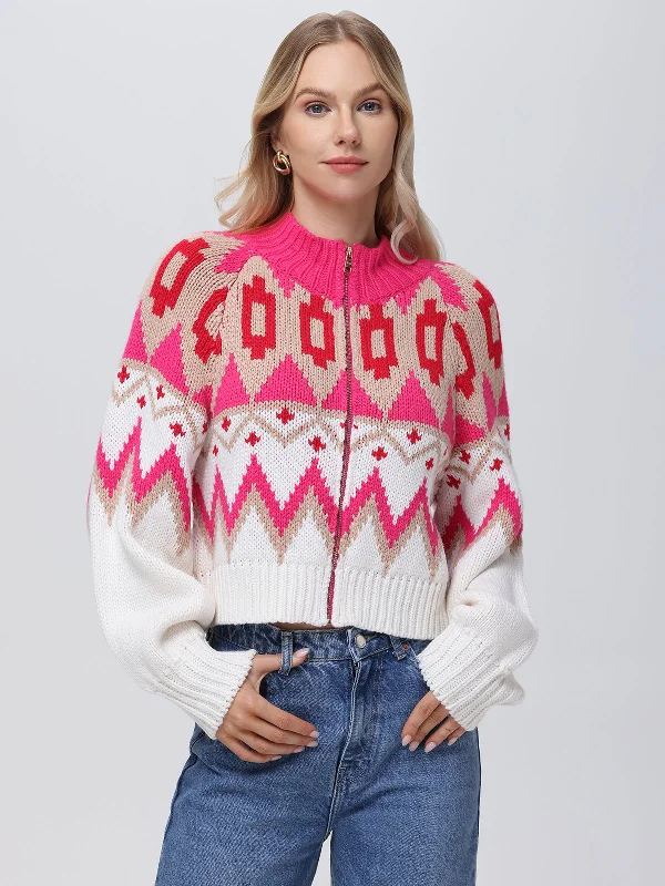 Victoria: Fair Isle Sweater Bomber Jacket Artistic Women's Hand - painted
