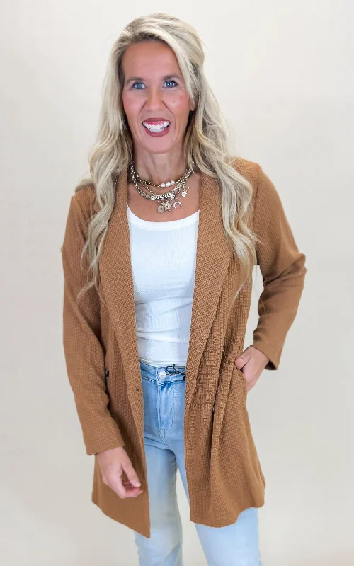 Waffle Knit Long Cardigan with Pockets Modern Women's Tech