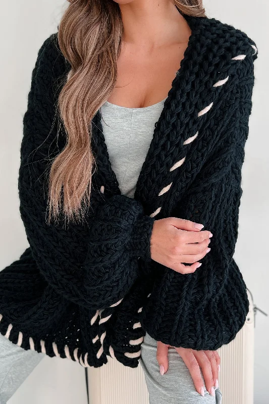 Warm Emotions Stitch Edged Chunky Knit Cardigan (Black) Elegant Women's 